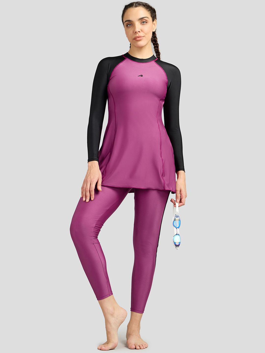 BOLDFIT Women Black-Berry Colourblocked Swim Set-image-34
