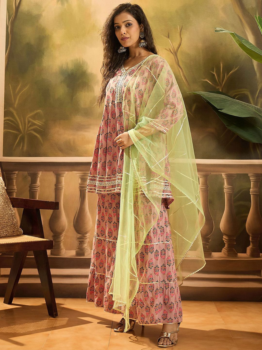 Floral Printed Lace Detailed Kurti With Sharara And Dupatta