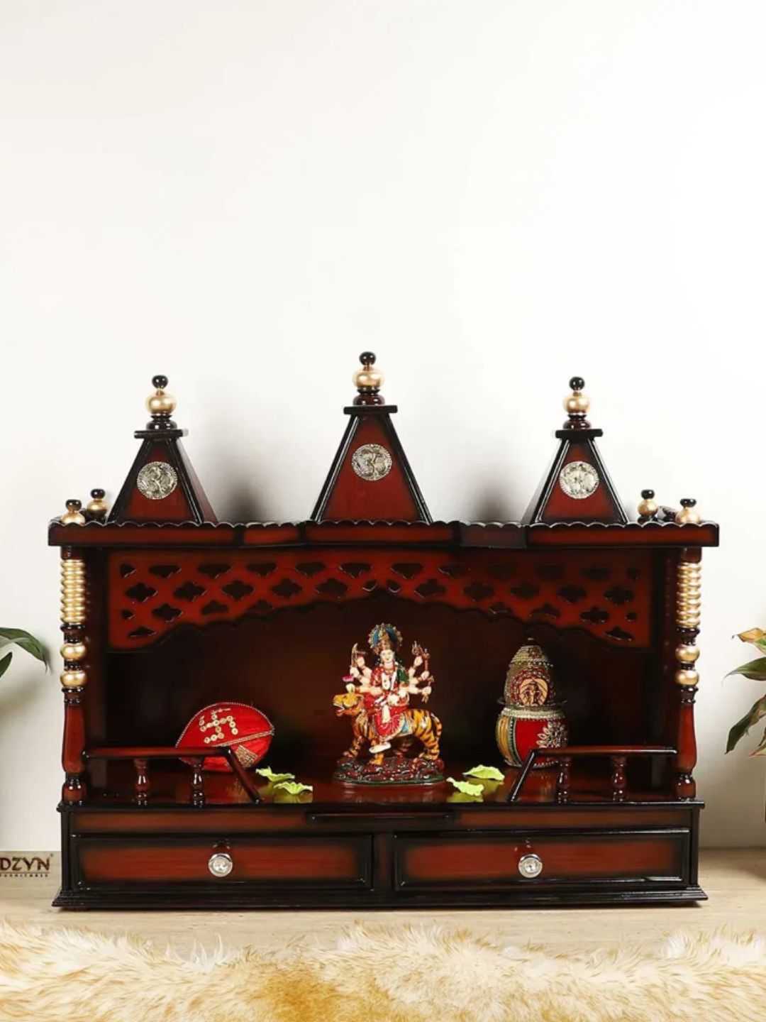 DZYN Furnitures Brown & Yellow Wooden Sunanda Bhawan Wall Mount Pooja Mandir