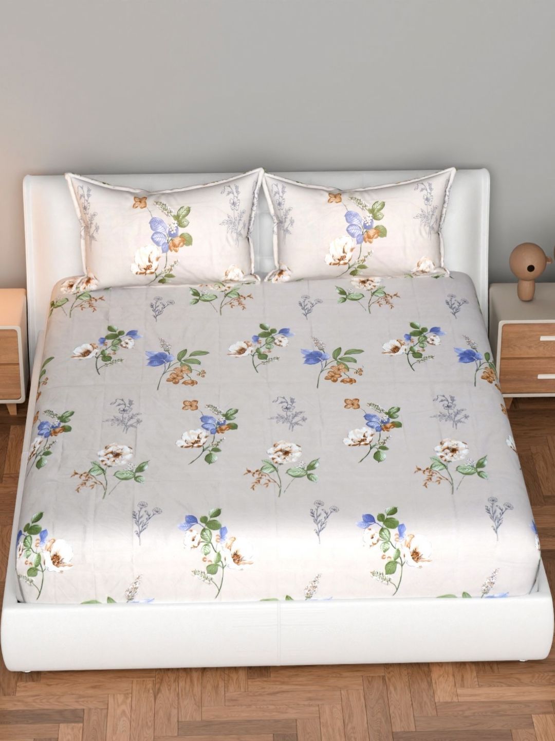 Florida Beige & Blue 180 TC Single Bedsheet with 1 Pillow Covers-picture-22