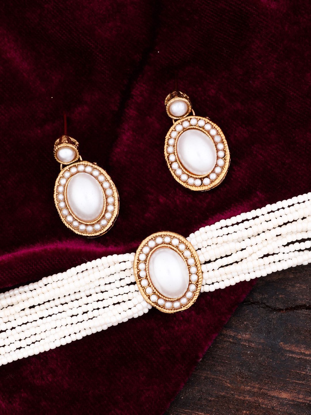 SHONA'S STYLE Gold-Plated Artificial Stone Studded & Pearls Beaded Choker Jewellery Set-picture-20