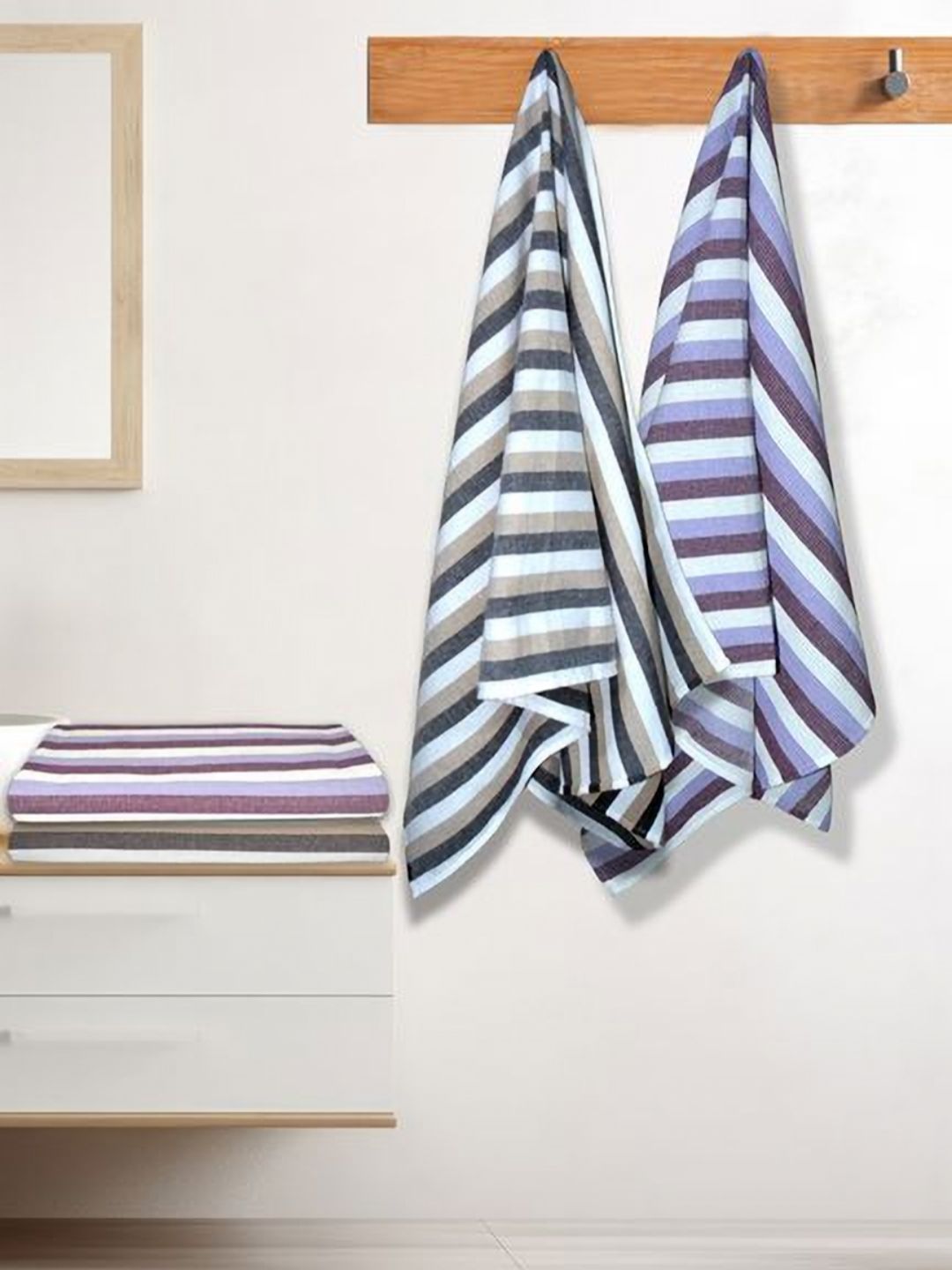 Myntra Elegant Homes White & Purple 4 Pieces Striped Lightweight Cotton 150 GSM Bath Towel-picture-11