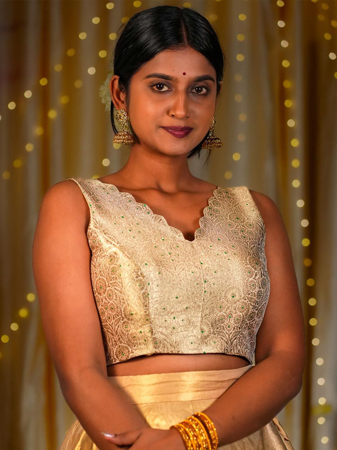 I Love Sarees Women Cream Golden Scallop V-neck Banarasi Blouse-image-39