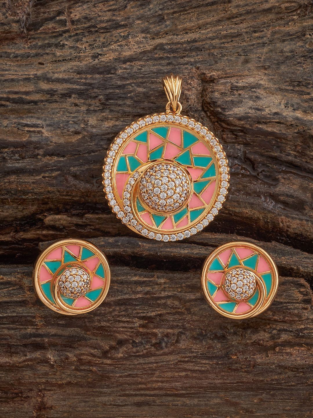 Kushal's Fashion Jewellery Pink-Mint Gold-Plated Party Zircon Pendant Set-picture-10