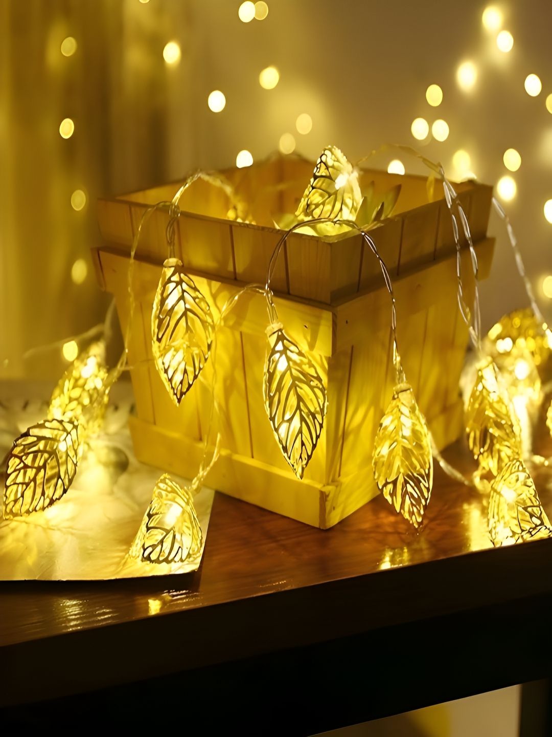 KAVYARA Gold Toned Leaf Shape Metal String Lights-picture-41