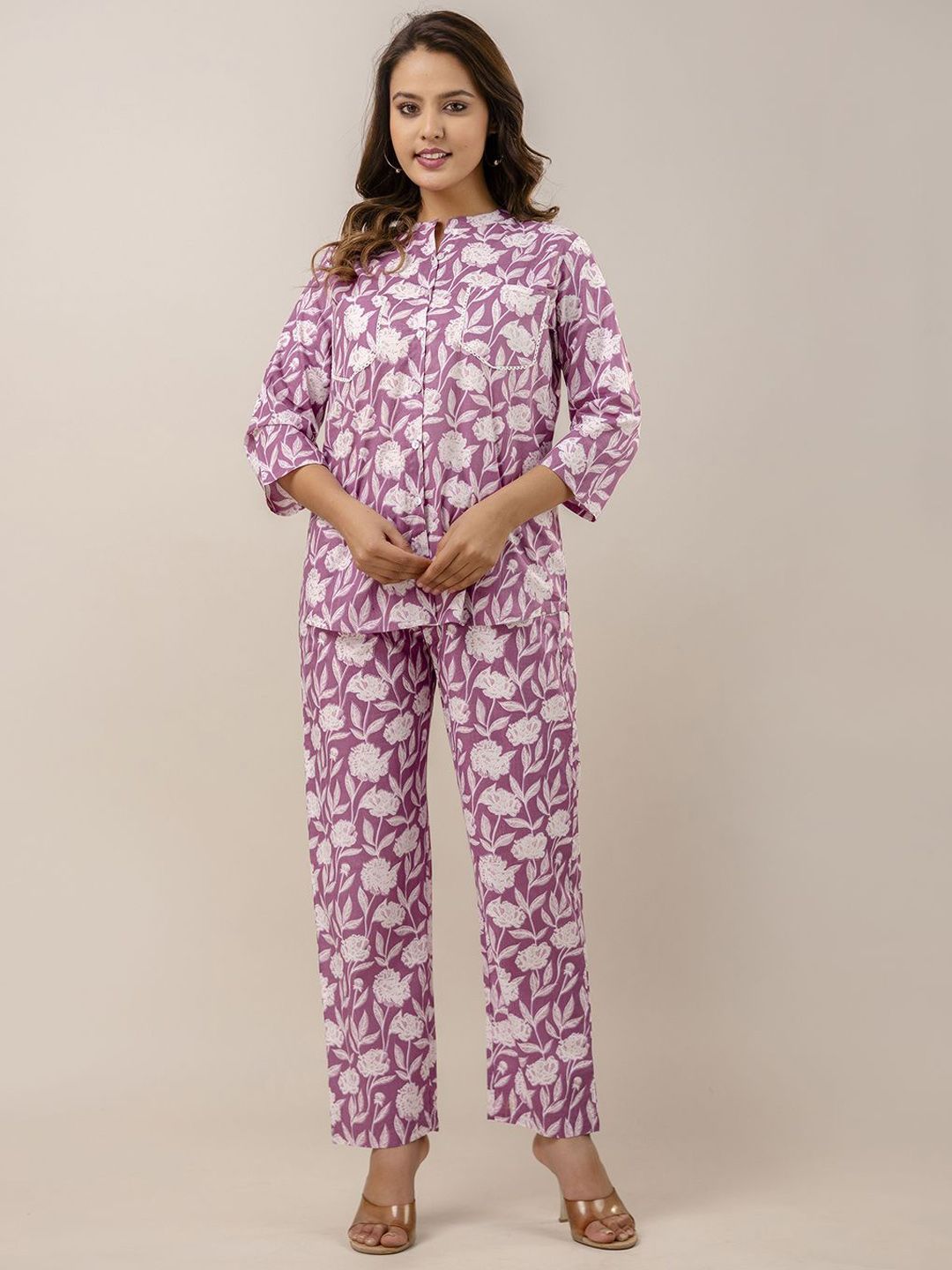 CORDSET Floral Printed Pure Cotton Mandarin Collar Tunic & Trouser-picture-33