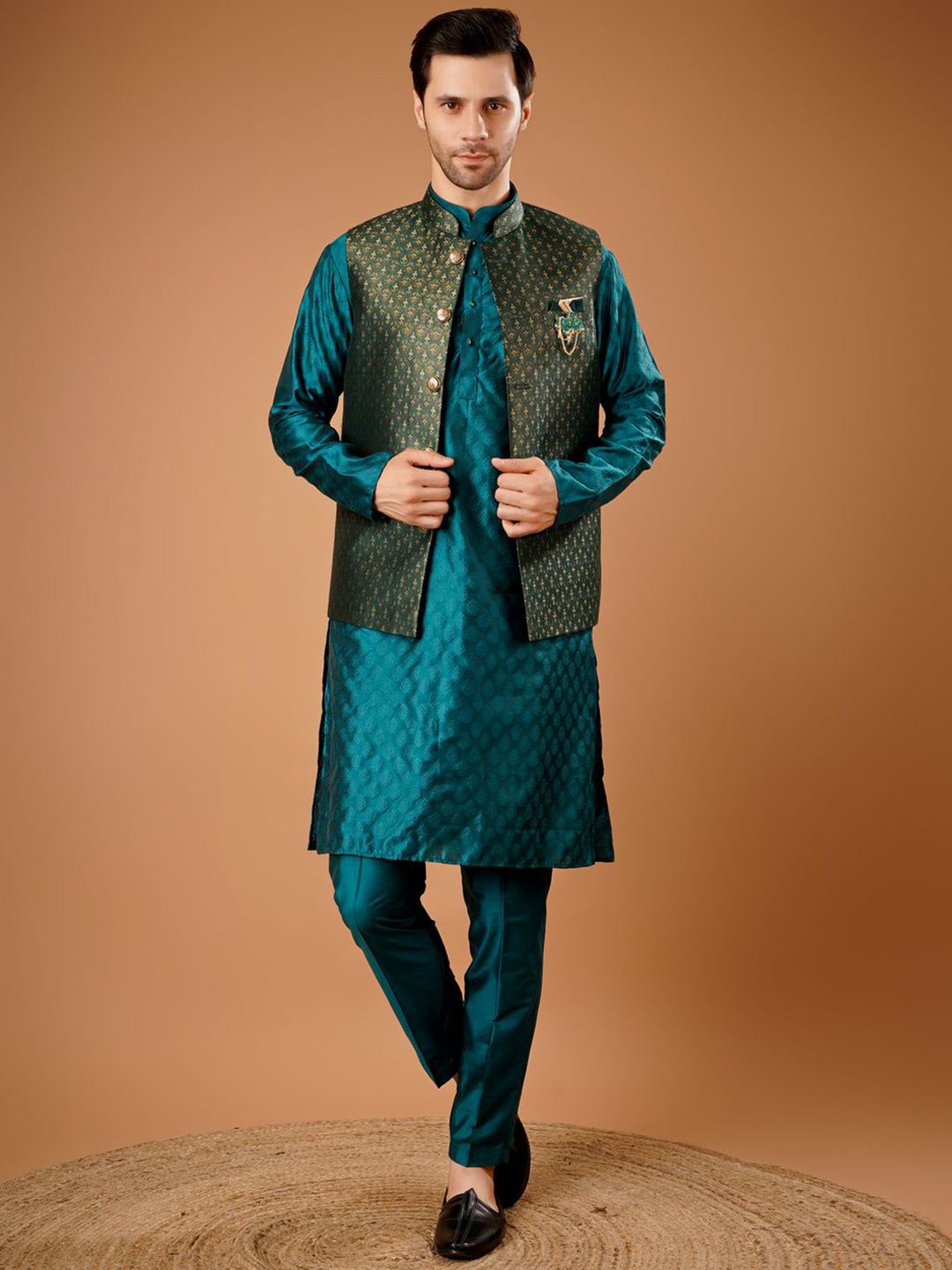 Dulha Ghar Floral Woven Design Cotton Silk Straight Kurta With Trouser & Nehru Jacket-picture-26