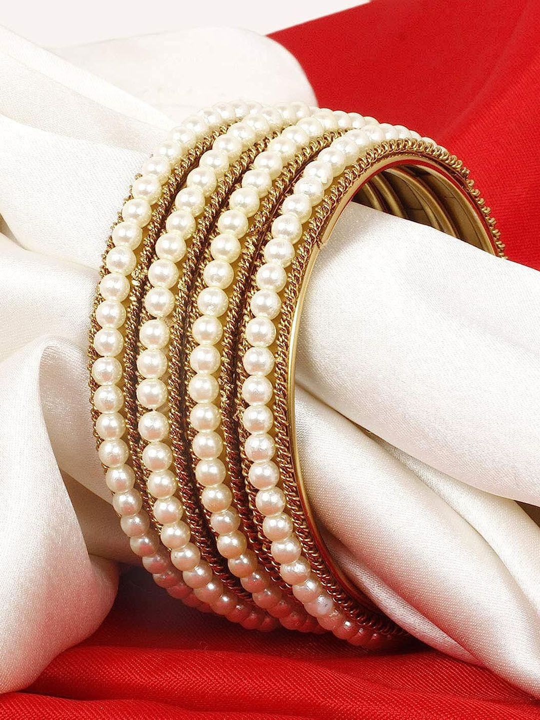T4 JEWELS Set Of 4 Gold-Plated Pearls Studded Bangles-picture-35
