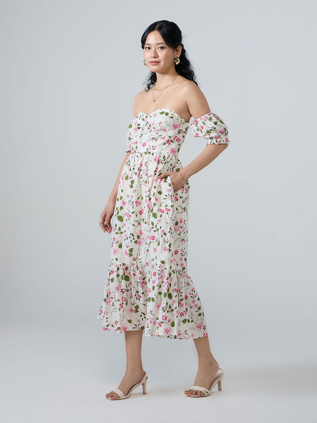Off-Shoulder Flared Midi Dress