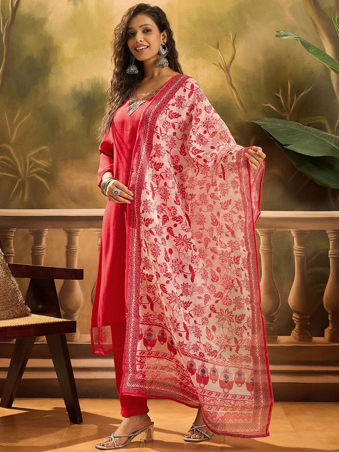 Women Cream Embroidered Straight Kurta Trousers With Dupatta Set main image 0