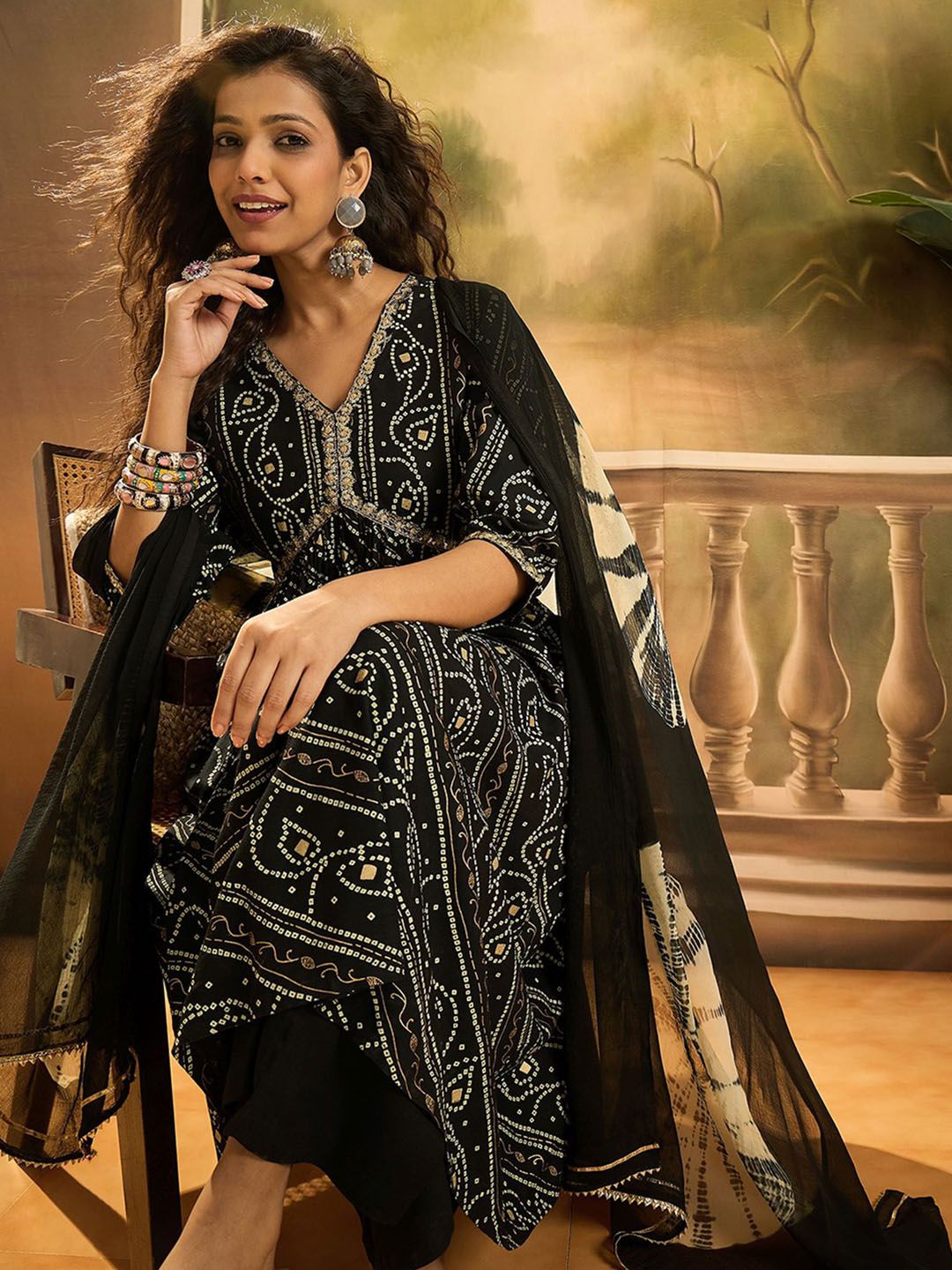 Sangria Bandhani Printed Kurta & Palazzo With Dupatta