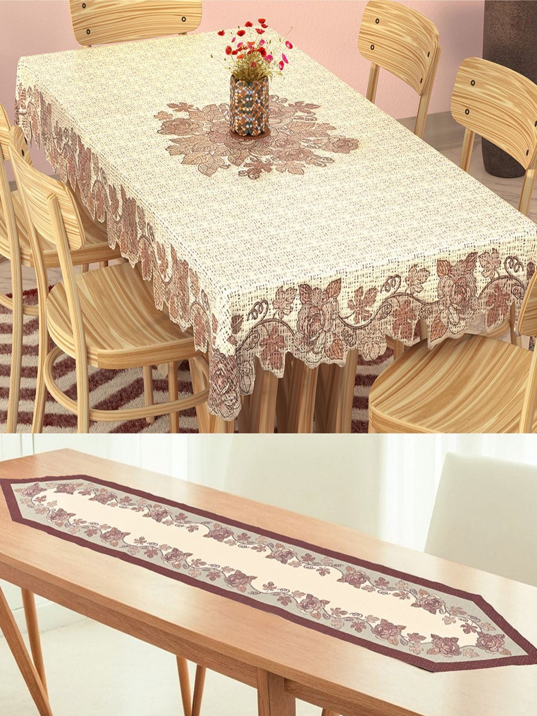 Myntra Elegant Homes Cream 2 Pieces Floral Rectangle Cotton 6-Seater Table Covers-picture-22