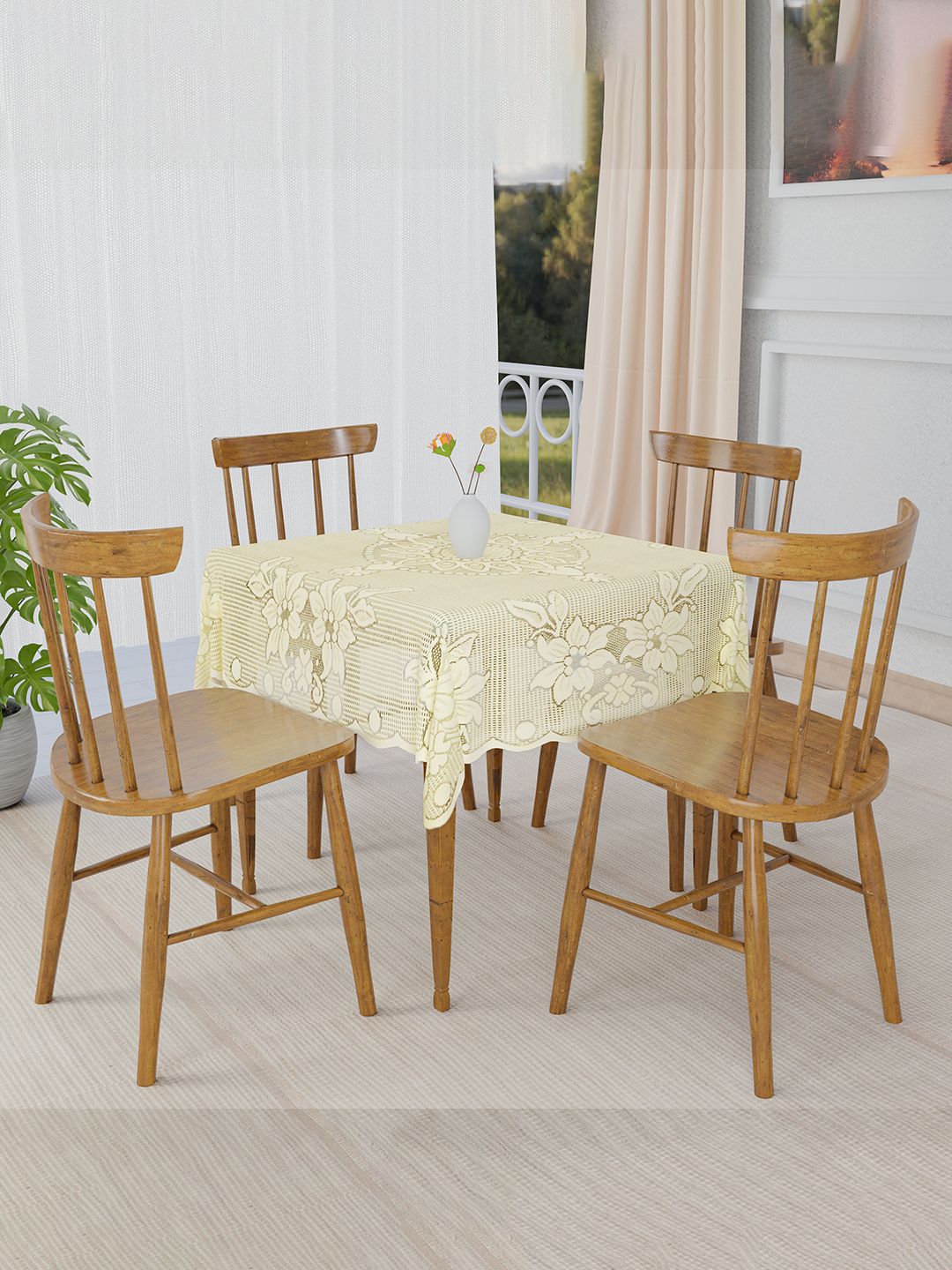 Kuber Industries Cream-Coloured Floral Cotton 4-Seater Round Table Cover-picture-16