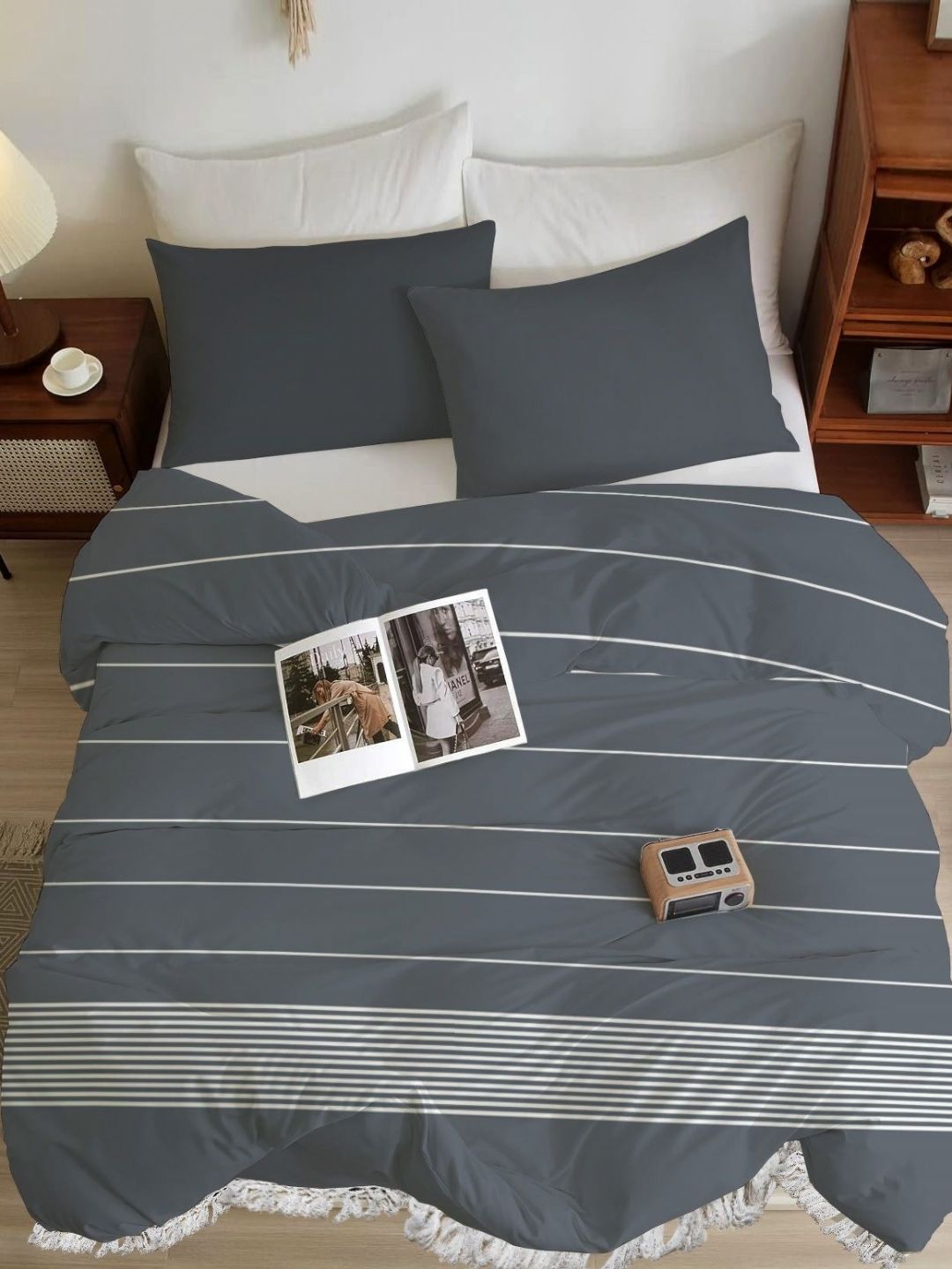 ELEGANT WEAVERS Grey Stiped Double King Bed Cover With 2 Pillow Covers-image-39