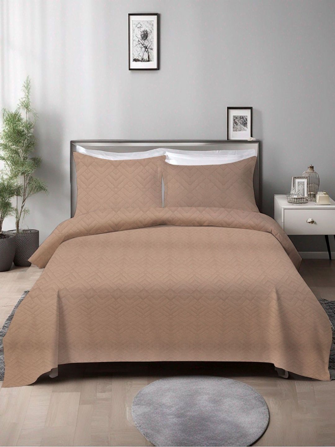 ELEGANT WEAVERS Brown Self Design Double King Bed Cover With 2 Pillow Covers-image-36