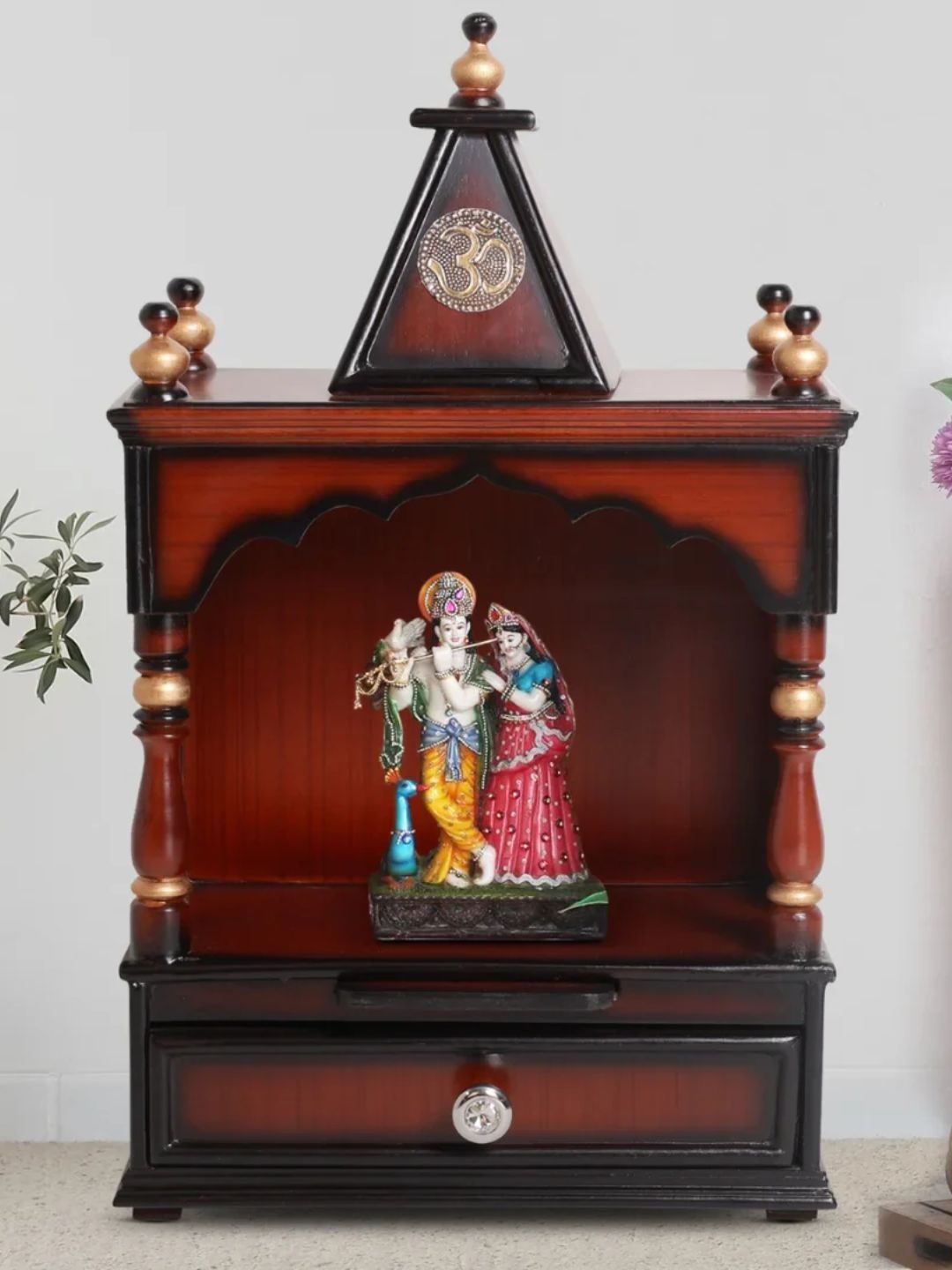 DZYN Furnitures Brown & Yellow Wooden Alaya Wall Mount Pooja Mandir Without Door