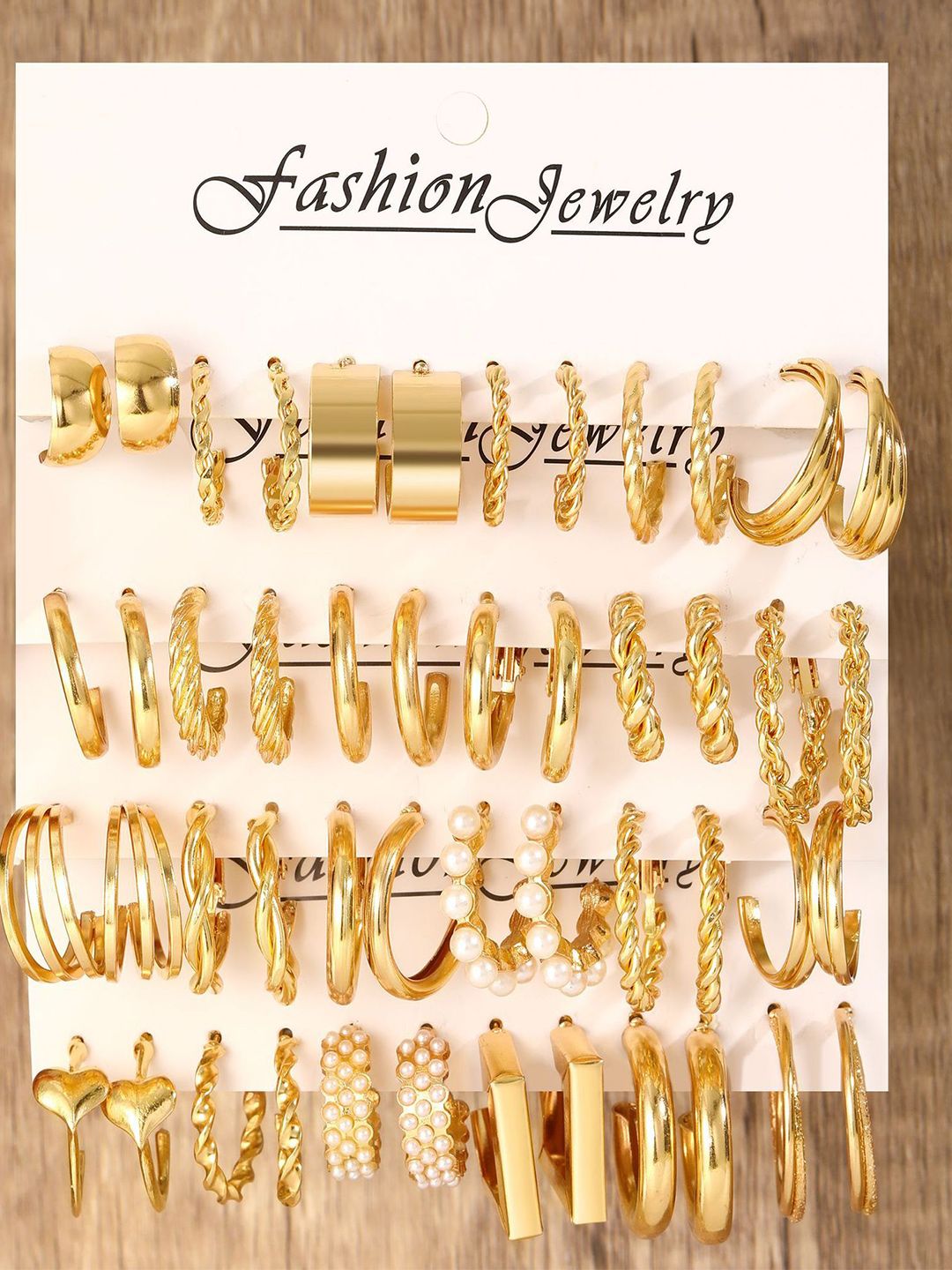 MEENAZ Set Of 24 Gold-Plated Contemporary Shaped Hoop Earrings-picture-15