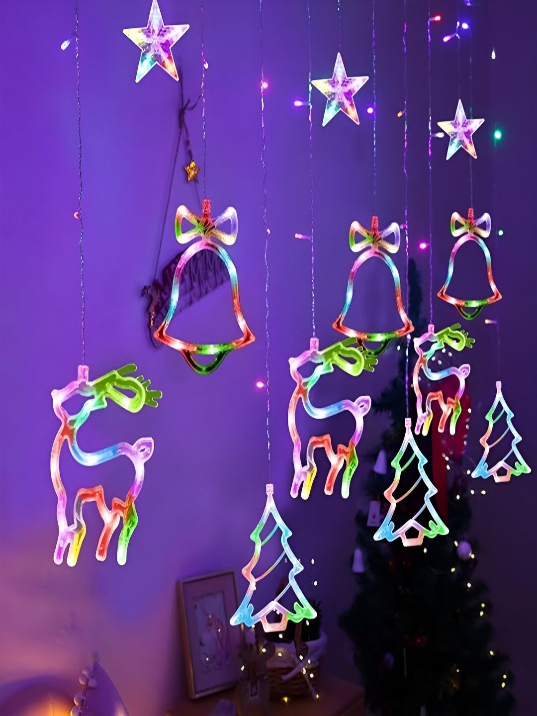 KAVYARA Blue & Pink Star Tree Deer & Bell Shape String Lights-image-23