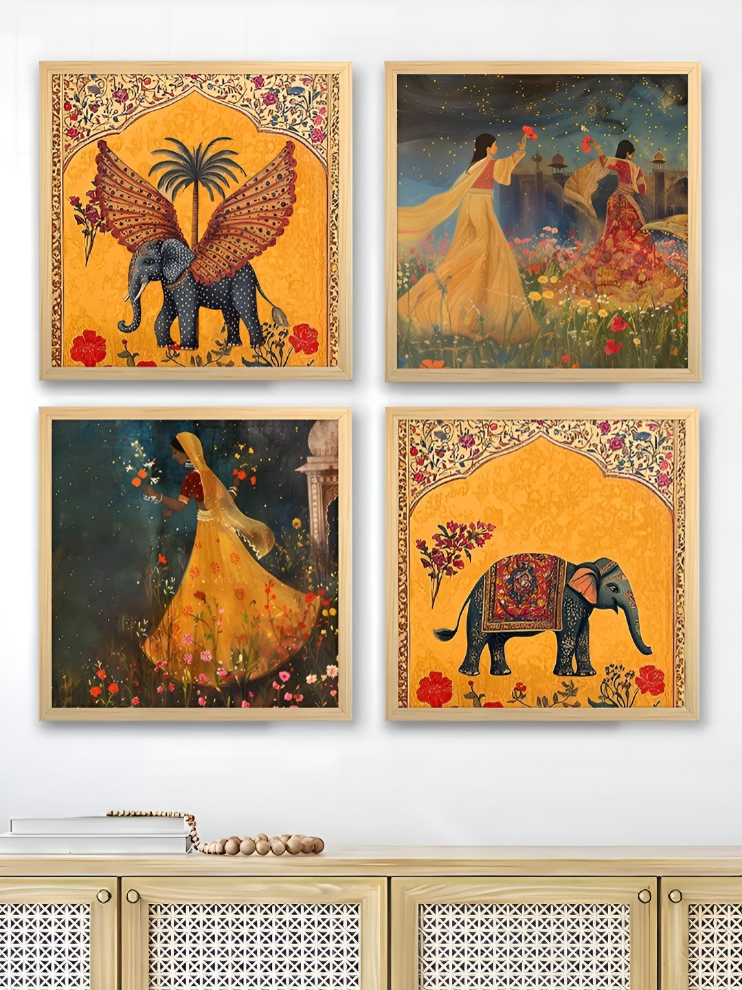 Art Street Yellow & Green 4 Piece Elephant and Dancers Wooden Wall Arts