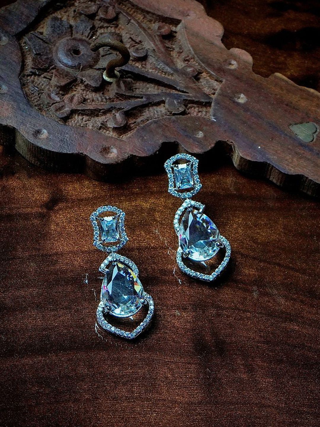 Gemron Jewel Rhodium-Plated American Diamond & Cubic Zirconia Teardrop Drop Earrings-picture-32