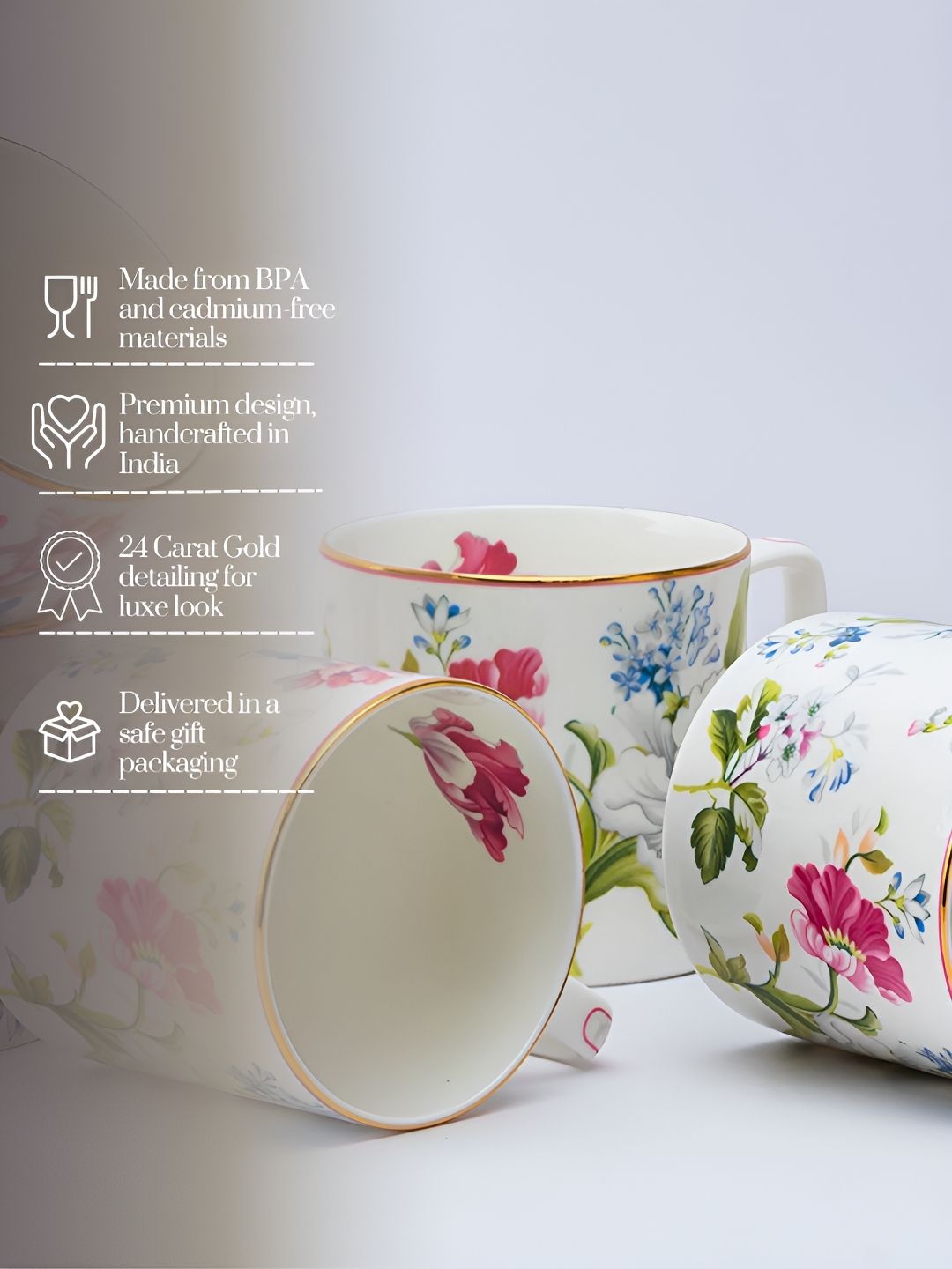 GOLDEN QUEEN'S Pink & Green Floral Printed Bone China Glossy Cups Set of Cups and Mugs