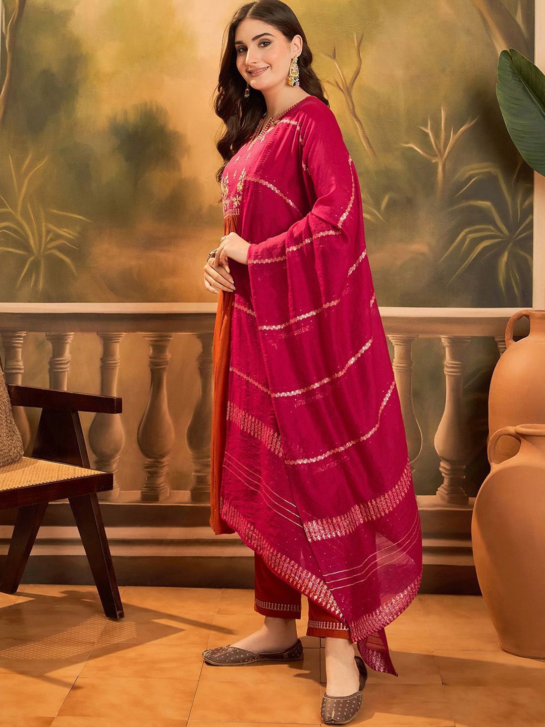 Wine Embroidered Yoke Design Chinon A-Line Kurta Pant with Sequence Dupatta Set