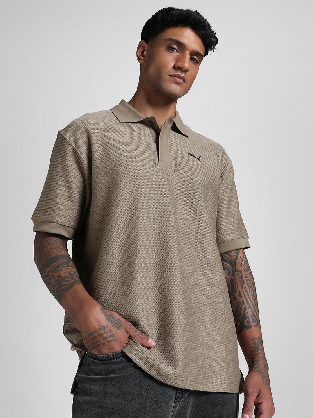 Puma Men Cotton Premium Relaxed Fit Jacquard Self Design Polo T-Shirt-image-35