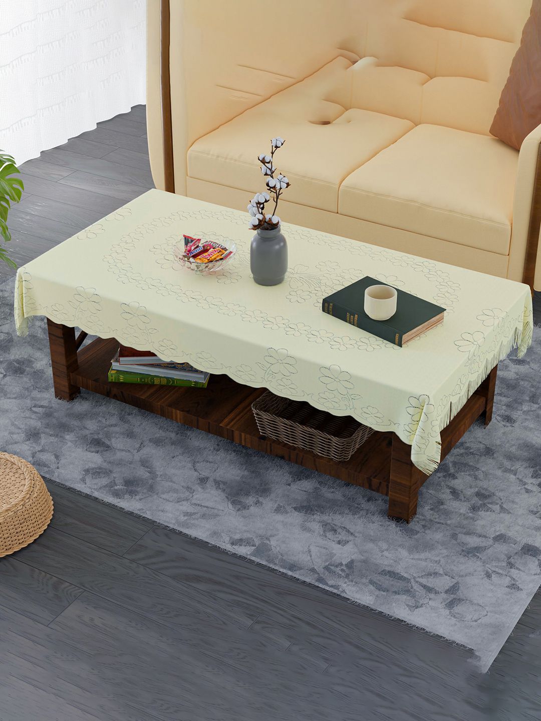 Kuber Industries Cream-Coloured Floral Cotton 4-Seater Table Cover-picture-35