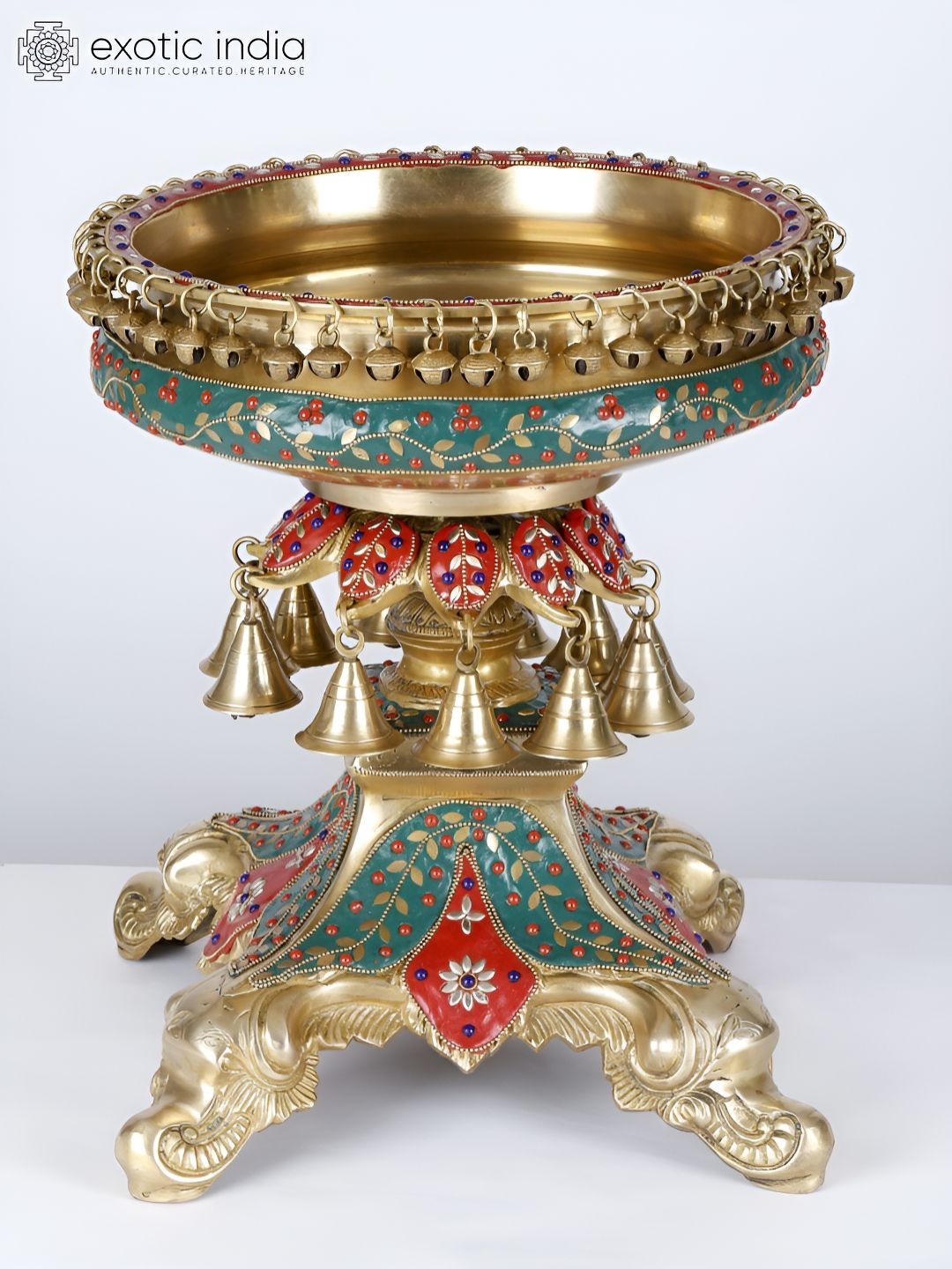 Exotic India Designer Urli Bowl with Dangling Bells And Ghungroos Brass with Inlay Work-image-8