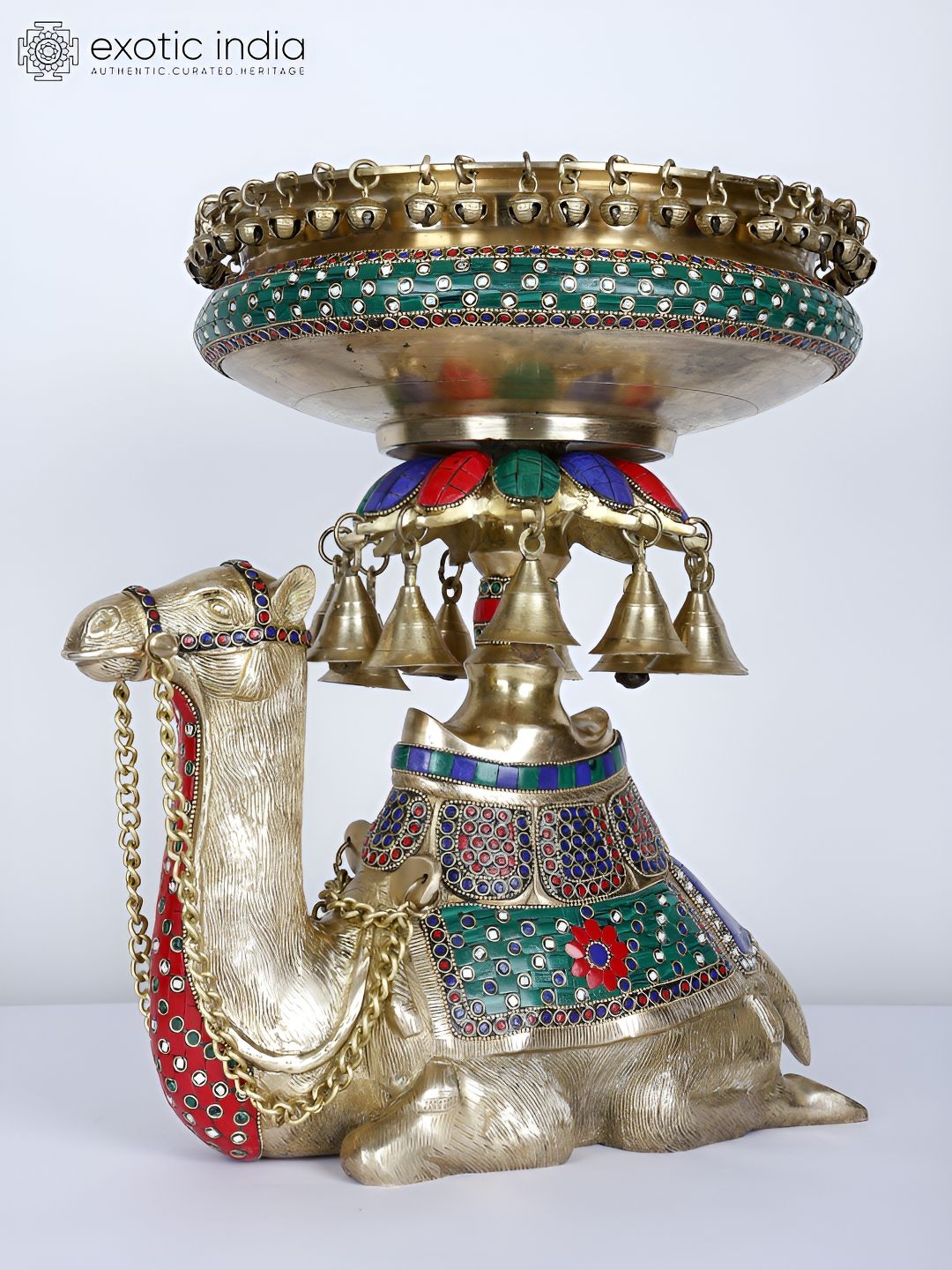 Exotic India Camel Design Urli with Bells Brass with Inlay Work-image-30