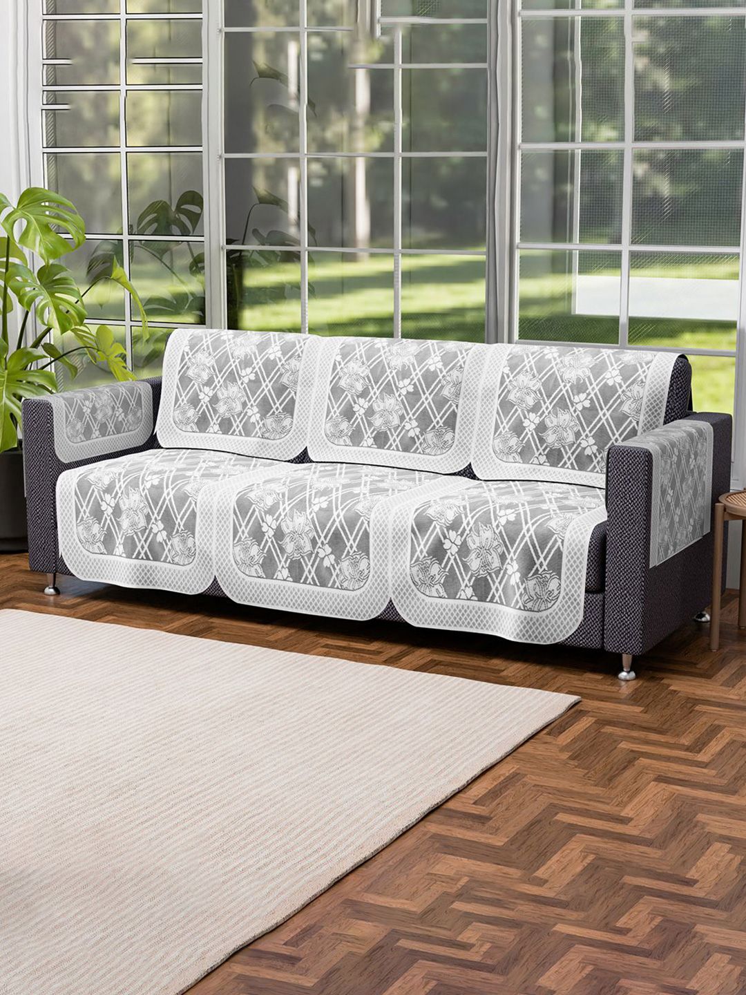 Kuber Industries Grey & White 10 Pieces Printed Cotton Sofa Cover With Arms-picture-20