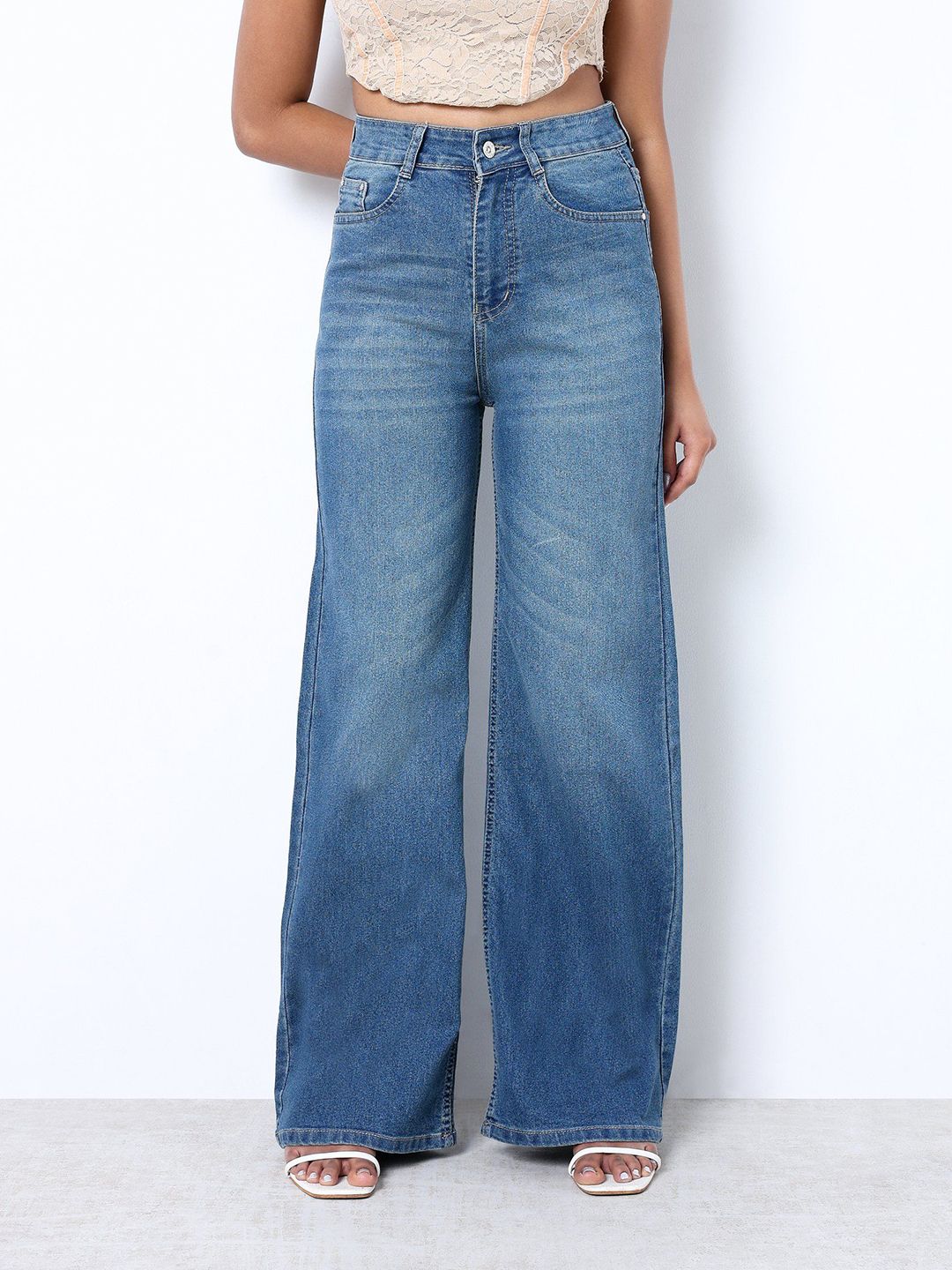 ZUYA Women Light Blue Strech Super Wide Leg Denim Jeans