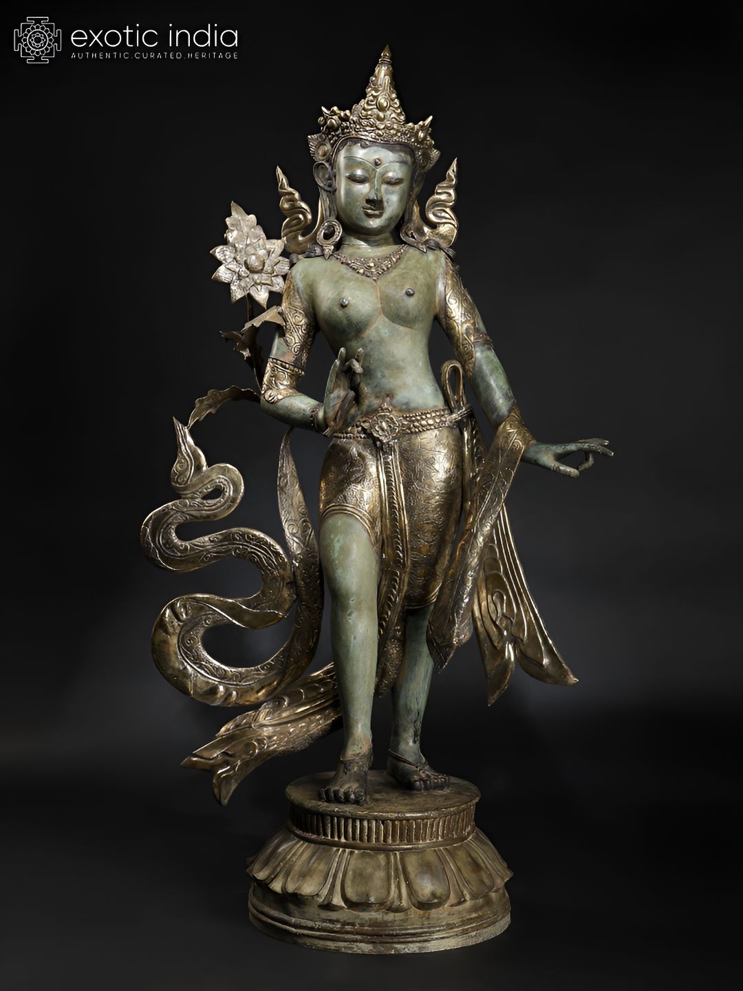 Exotic India Large Standing Goddess Green Tara Balinese Brass Statue Idol Showpiece-image-23
