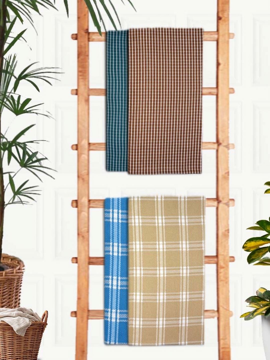 Aura Blue & Brown 4 Pieces Printed Cotton 210 GSM Waffle Bath Towel-picture-10