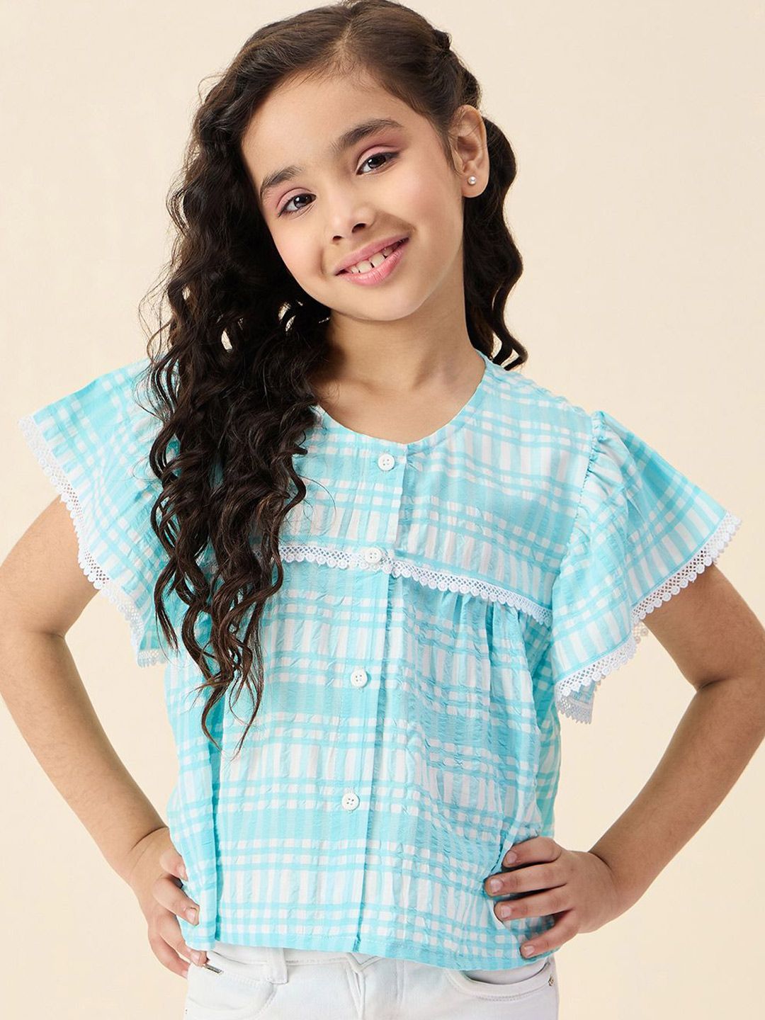 stylobug Stylo Bug Checked Flutter Sleeve Crepe Top-picture-4