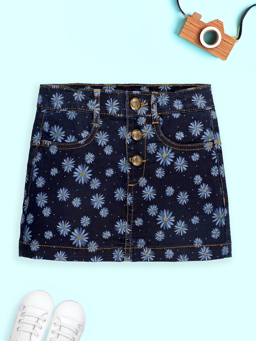 KiddoPanti Girls Floral Printed A-Line Above Knee Denim Skirt-image-42