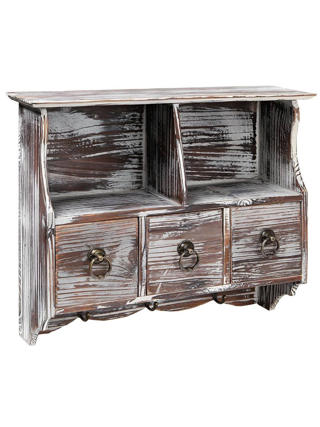 WHITEWHALE Brown & Grey Wall Mounted Wooden Organisers With Drawers & Metal Hooks-picture-0