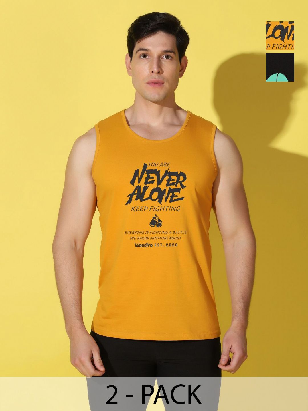 WOOSTRO Men Pack of 2 Typography Printed Round Neck Cotton Slim Fit Sports T-shirts-picture-9
