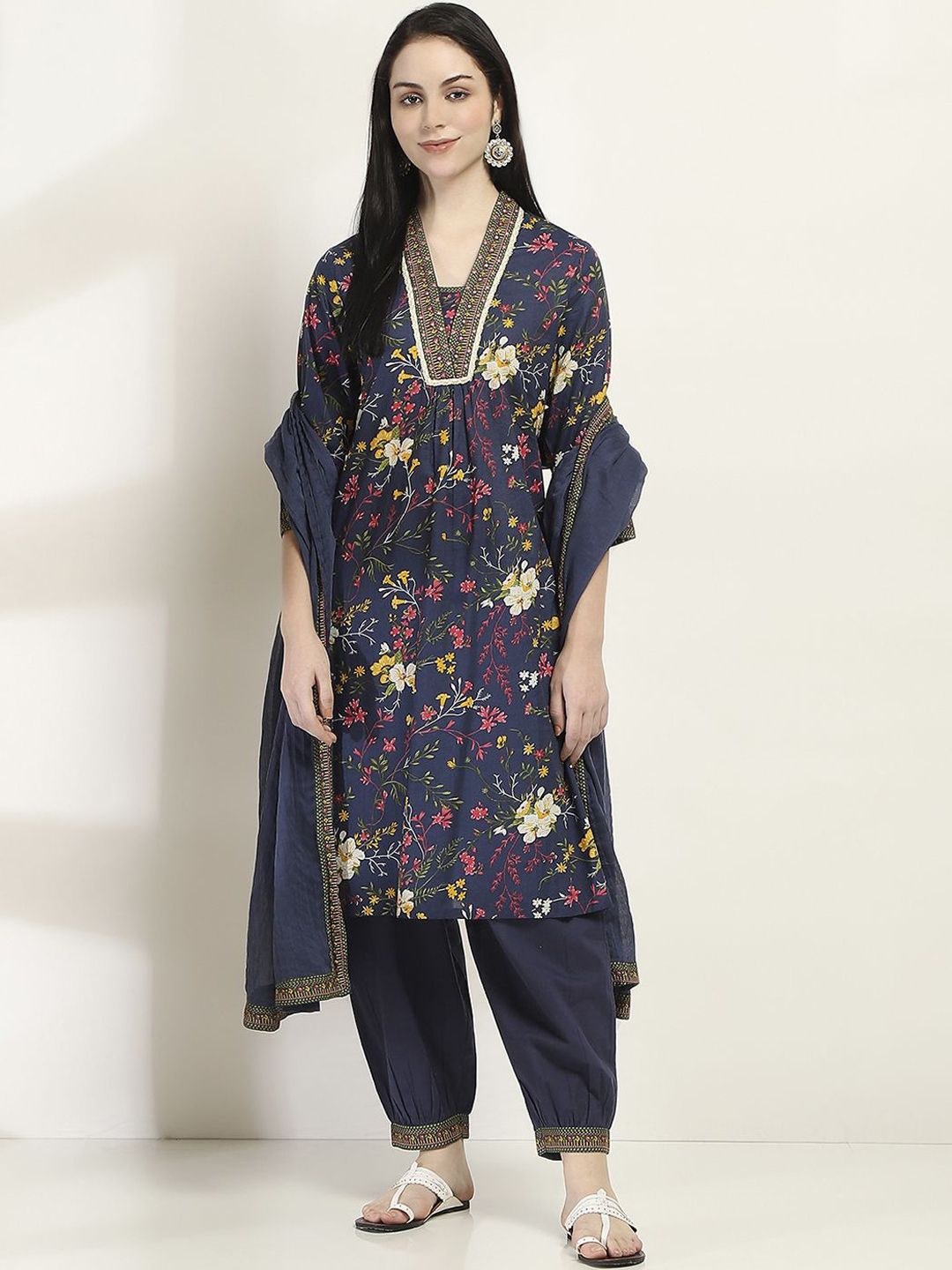 Rangriti Floral Printed Pleated Thread Work V-Neck Pure Cotton Kurta with Salwar & Dupatta