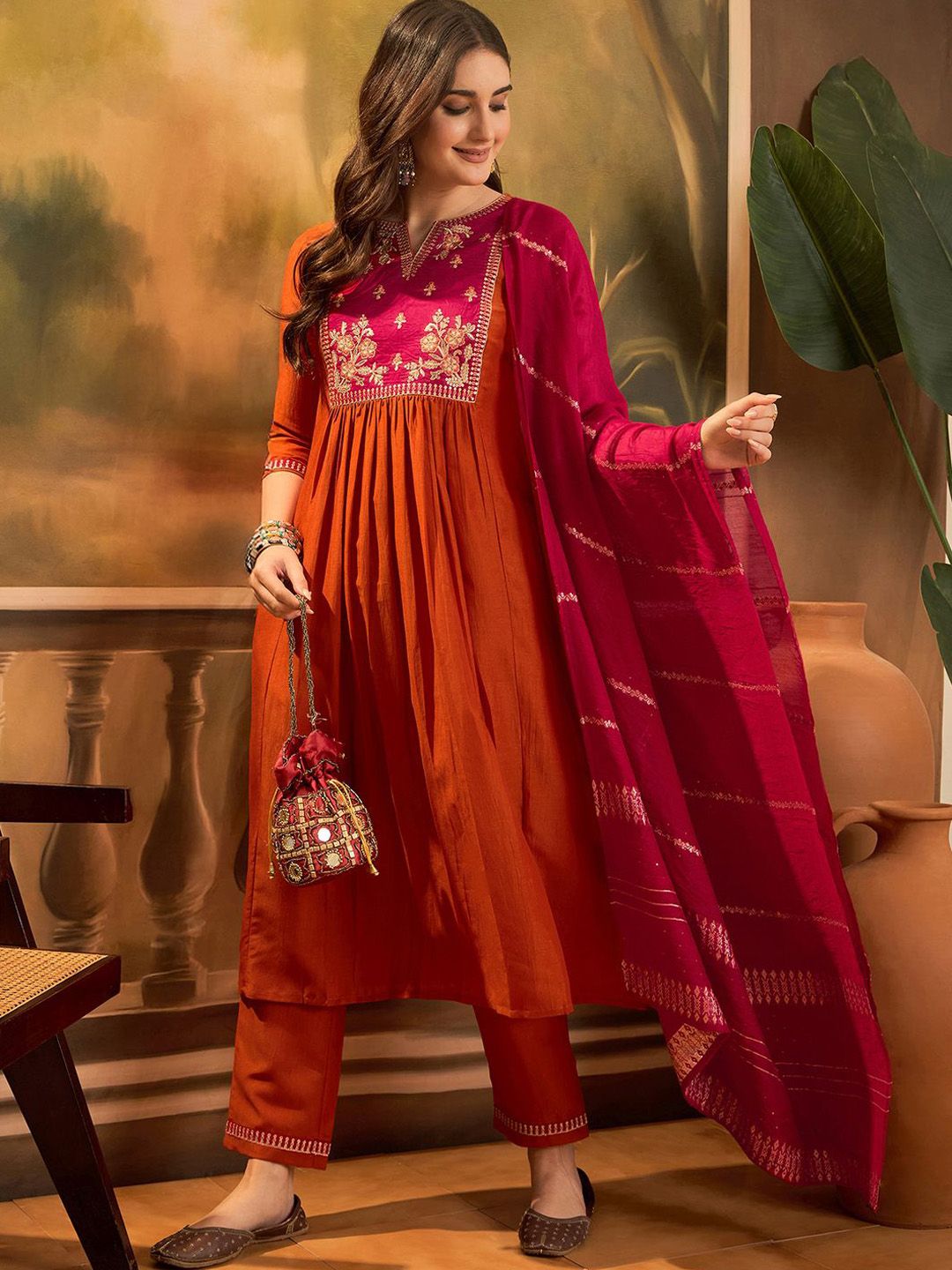 Sangria Floral Yoke Design Notch Neck Sequinned Chinon Silk Kurta With Trousers & Dupatta