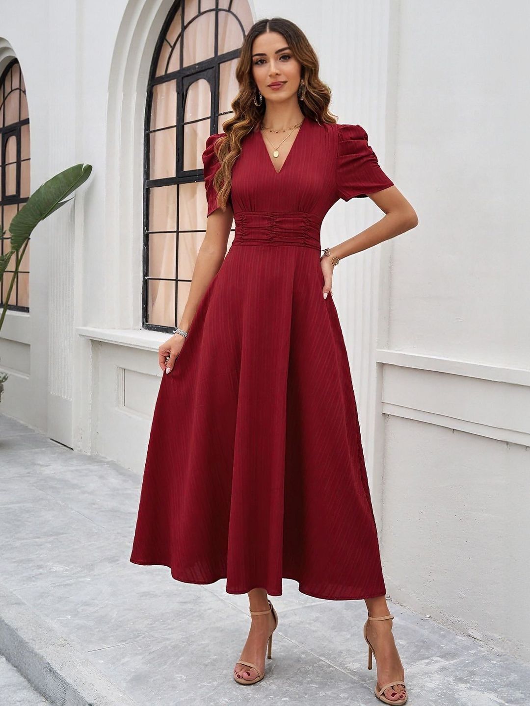 Outzidr Women V-Neck Fit and Flare Midi Dress-picture-11