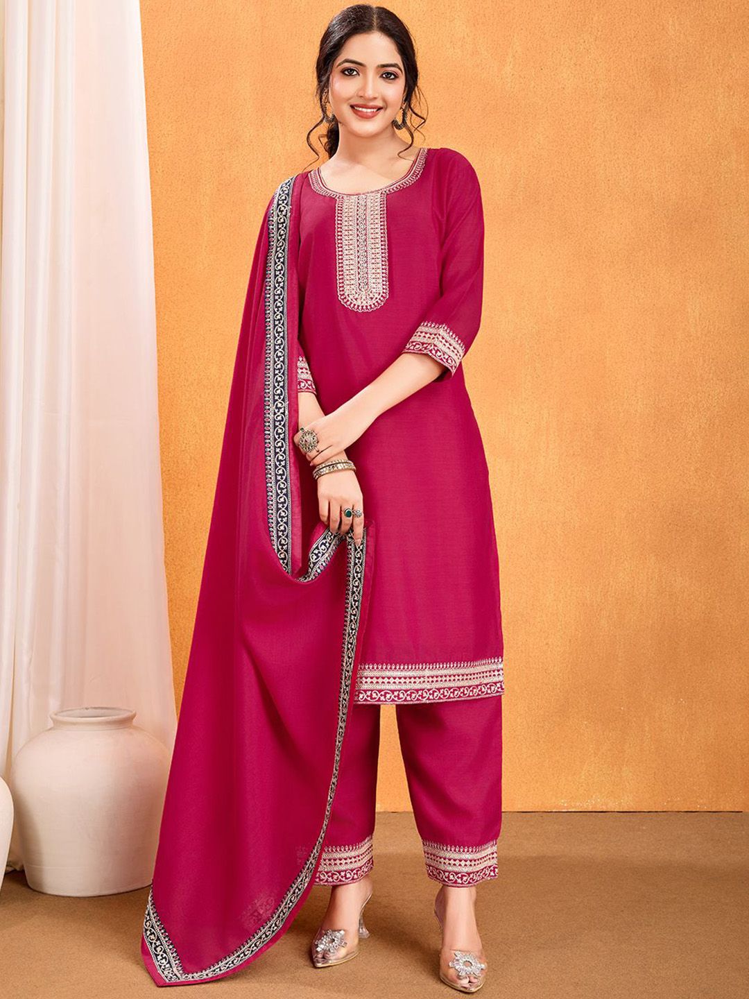 DIVASTRI Women Embroidered Sequinned Kurta with Trousers & Dupatta