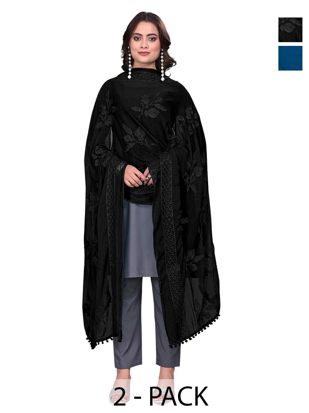 Kemza Collection Of 2 Floral Embroidered Dupatta With Thread Work-picture-8