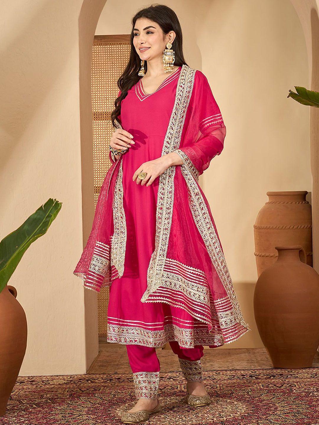 Sangria V-Neck Anarkali Kurta & Trousers With Dupatta