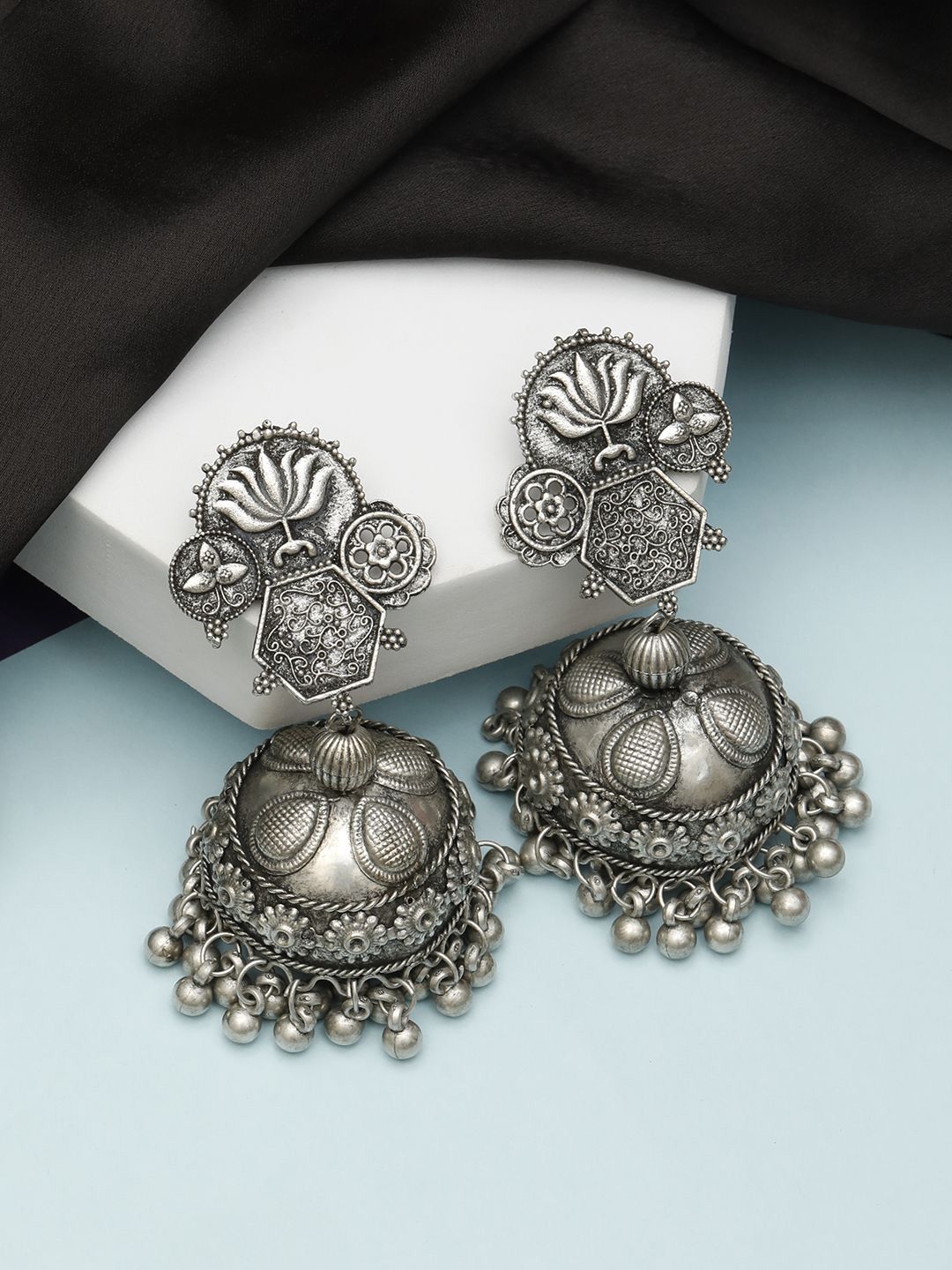 VIVAZS Silver-Plated Artificial Beaded Oxidised Dome Shaped Jhumkas-picture-20