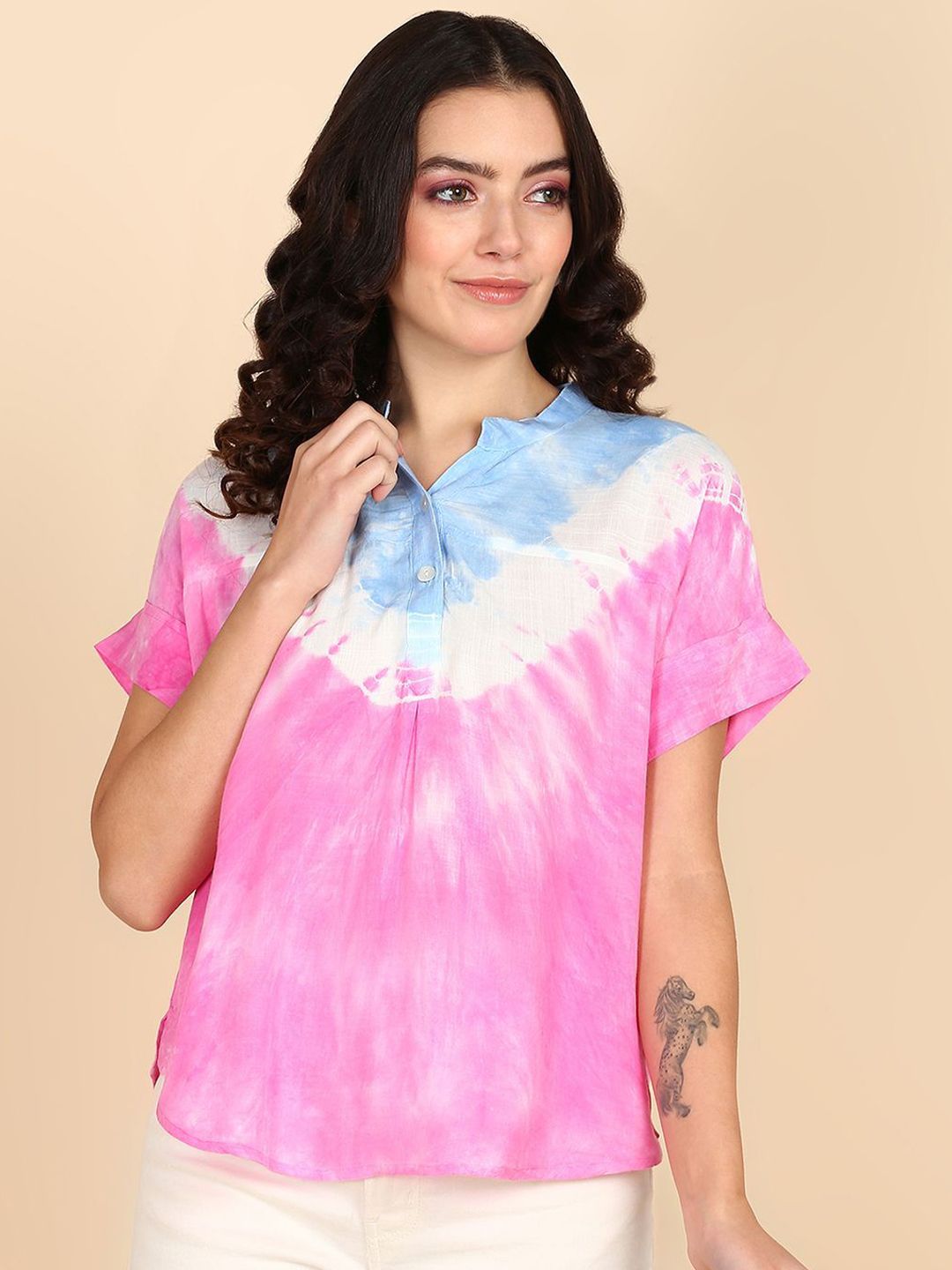 PinkTribe Women Tie & Dye Dyed Mandarin Collar Shirt Style Top-picture-21