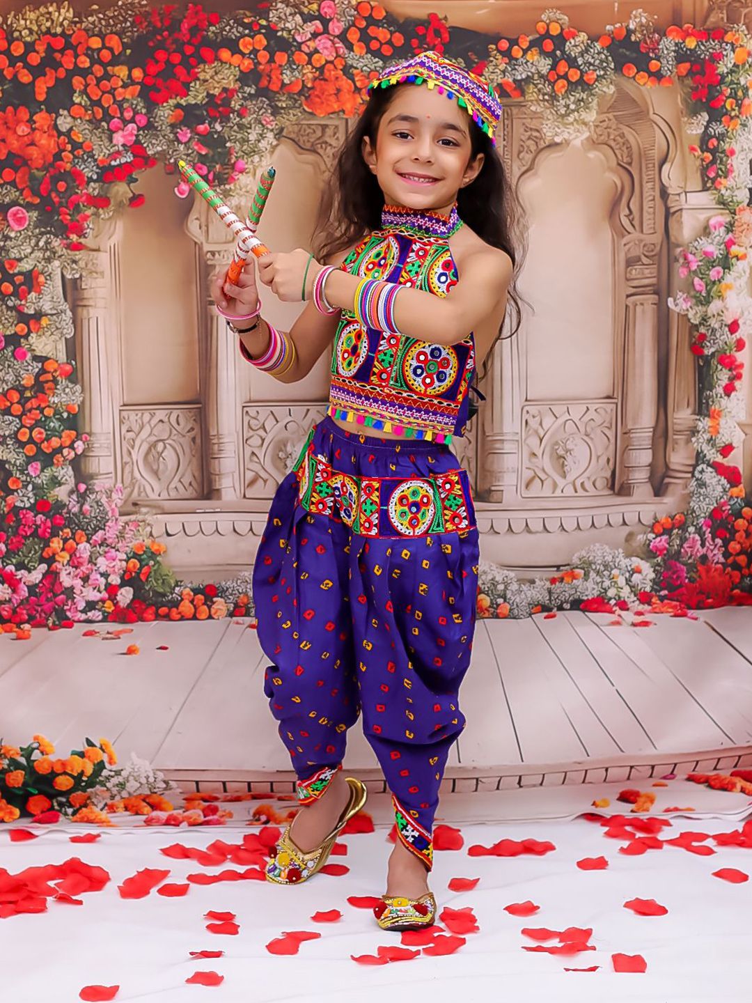 KID1 Girls Floral Embroidered Regular Thread Work Pure Cotton Top with Dhoti Pants & Cap-picture-44