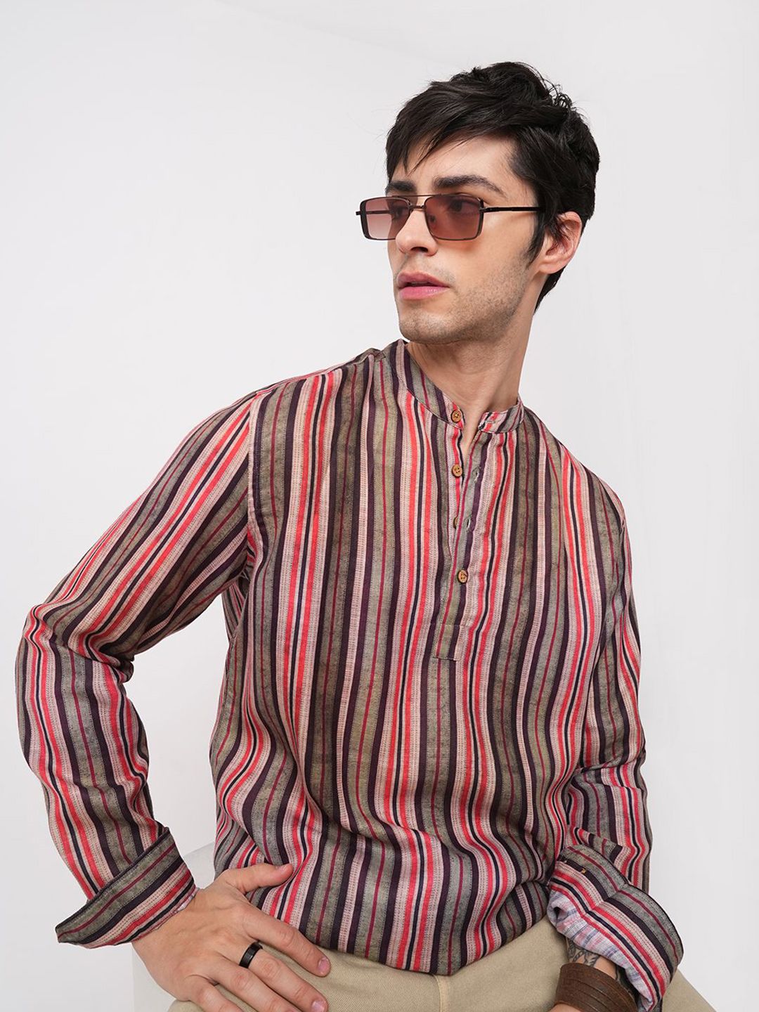 VASTRADO Striped Band Collar Straight Kurta-picture-44
