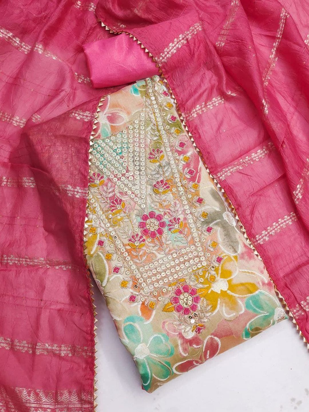 Mitera Women Cream & Pink Chanderi Digital Print & Embroidered Unstitched Dress Material