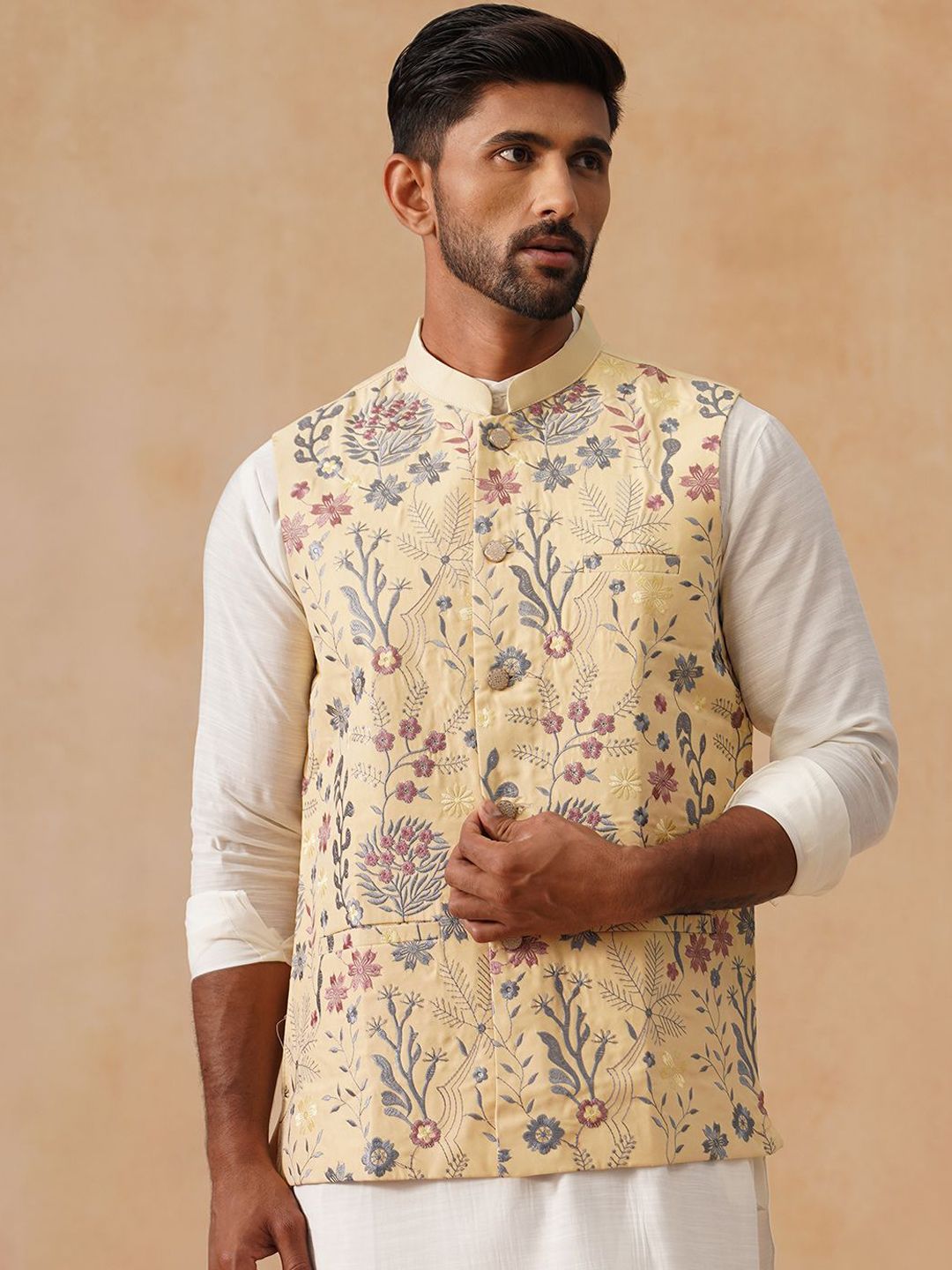 Jompers Men Floral Embroidered Mandarin Collar Nehru Jacket-picture-23